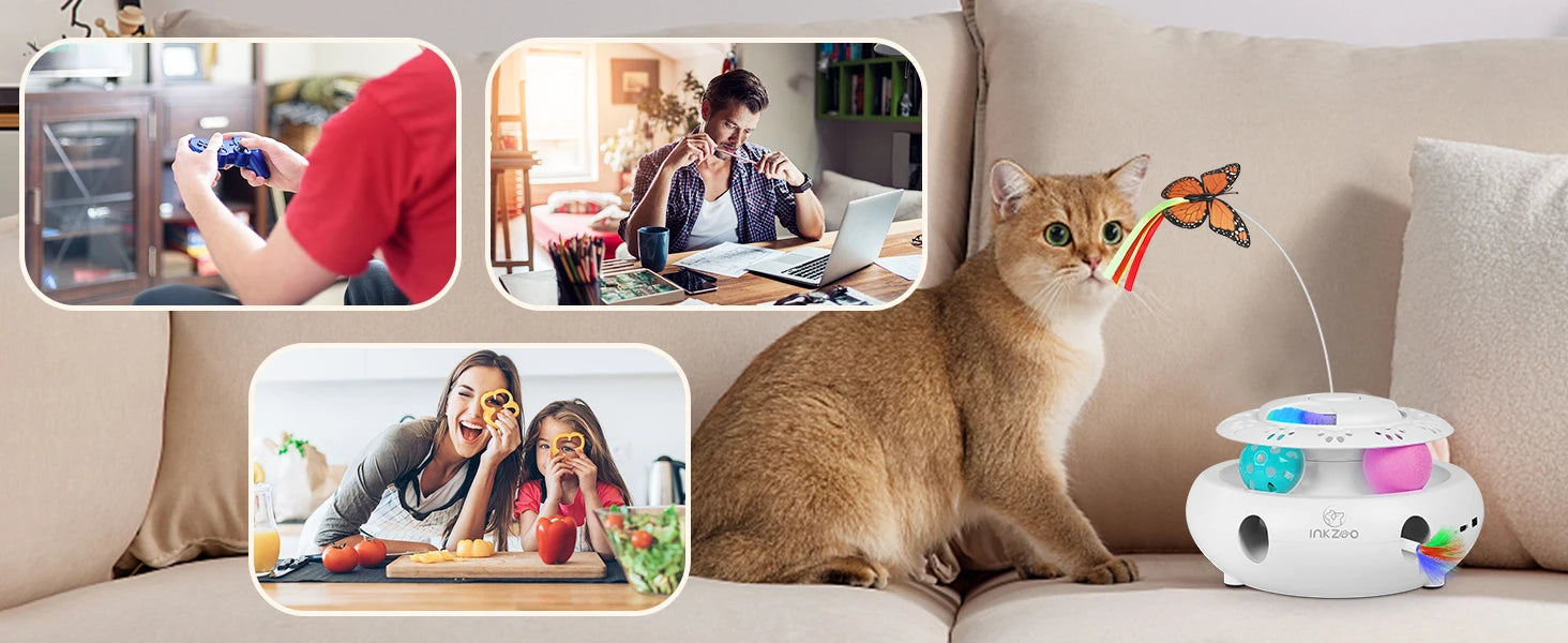 INKZOO 4-in-1 Interactive Cat Toys for Indoor Cats, Automatic 6 Holes Mice Whack-A-Mole, Fluttering Butterfly, Track Balls, USB