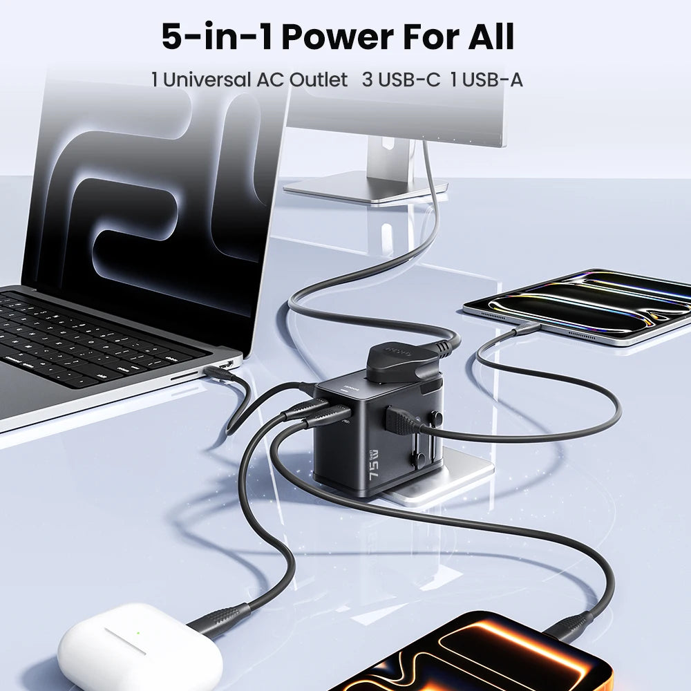 Toocki GaN 75W Universal Travel Adapter Worldwide With 1AC Outlet 1 USB 2 Type-C Ports PD 45W Fast Charger for EU US UK AUS Plug