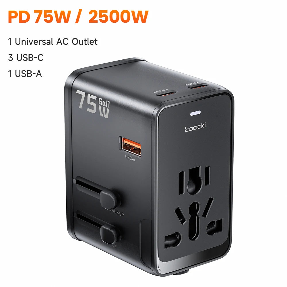Toocki GaN 75W Universal Travel Adapter Worldwide With 1AC Outlet 1 USB 2 Type-C Ports PD 45W Fast Charger for EU US UK AUS Plug