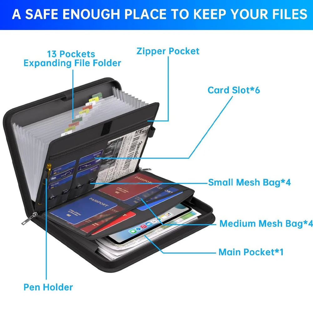 Black Organ File Folder Hand Drawer Multi Compartment Organizer bag Fireproof Waterproof File Organizer for Home School Office