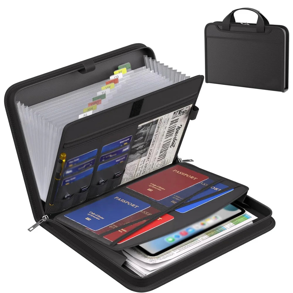 Black Organ File Folder Hand Drawer Multi Compartment Organizer bag Fireproof Waterproof File Organizer for Home School Office