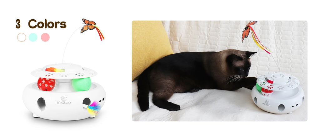 INKZOO 4-in-1 Interactive Cat Toys for Indoor Cats, Automatic 6 Holes Mice Whack-A-Mole, Fluttering Butterfly, Track Balls, USB