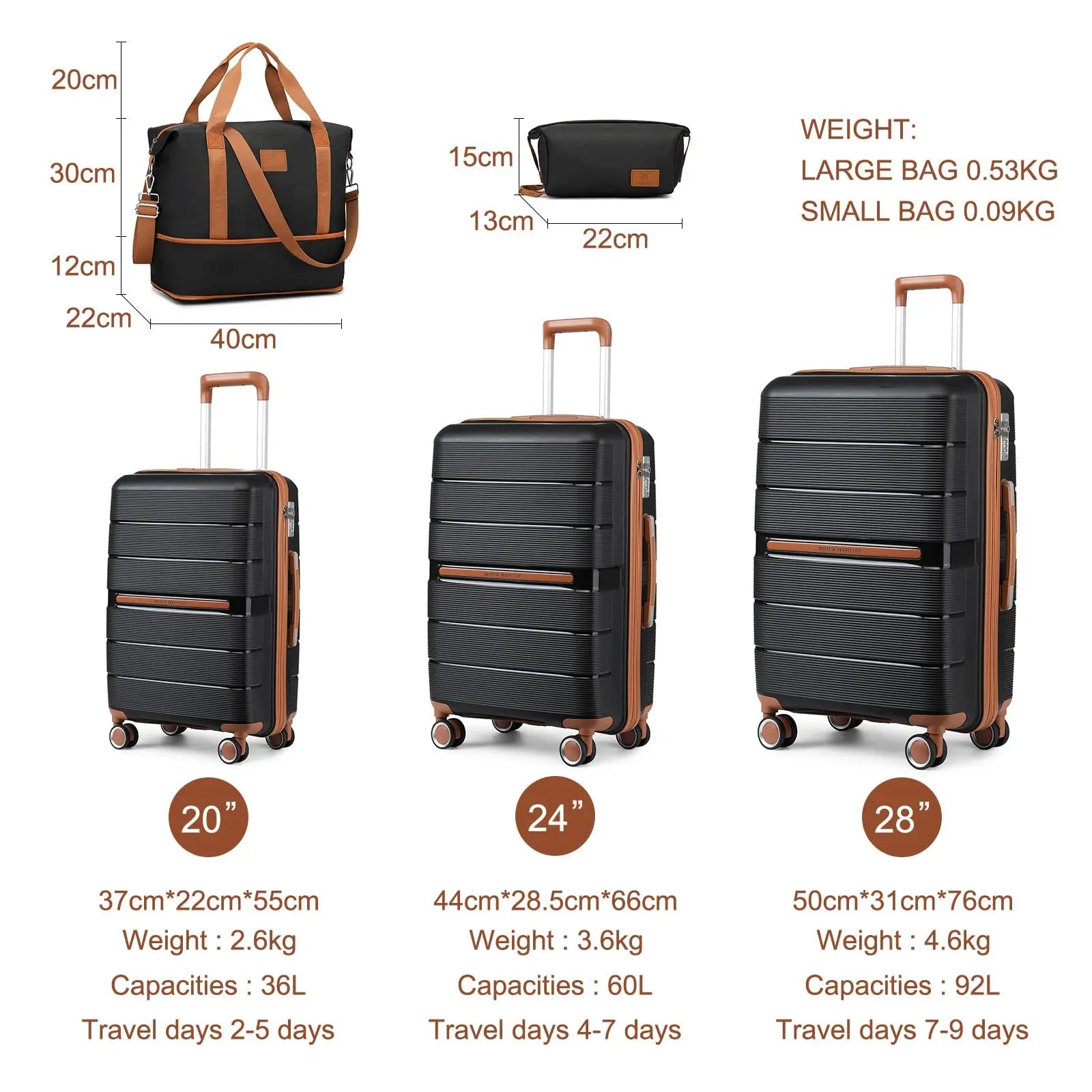 British Traveller Lightweight Hard Shell Luggage Set with TSA Lock, Spinner Wheels, 20" 24" 28" Travel Suitcases,Black
