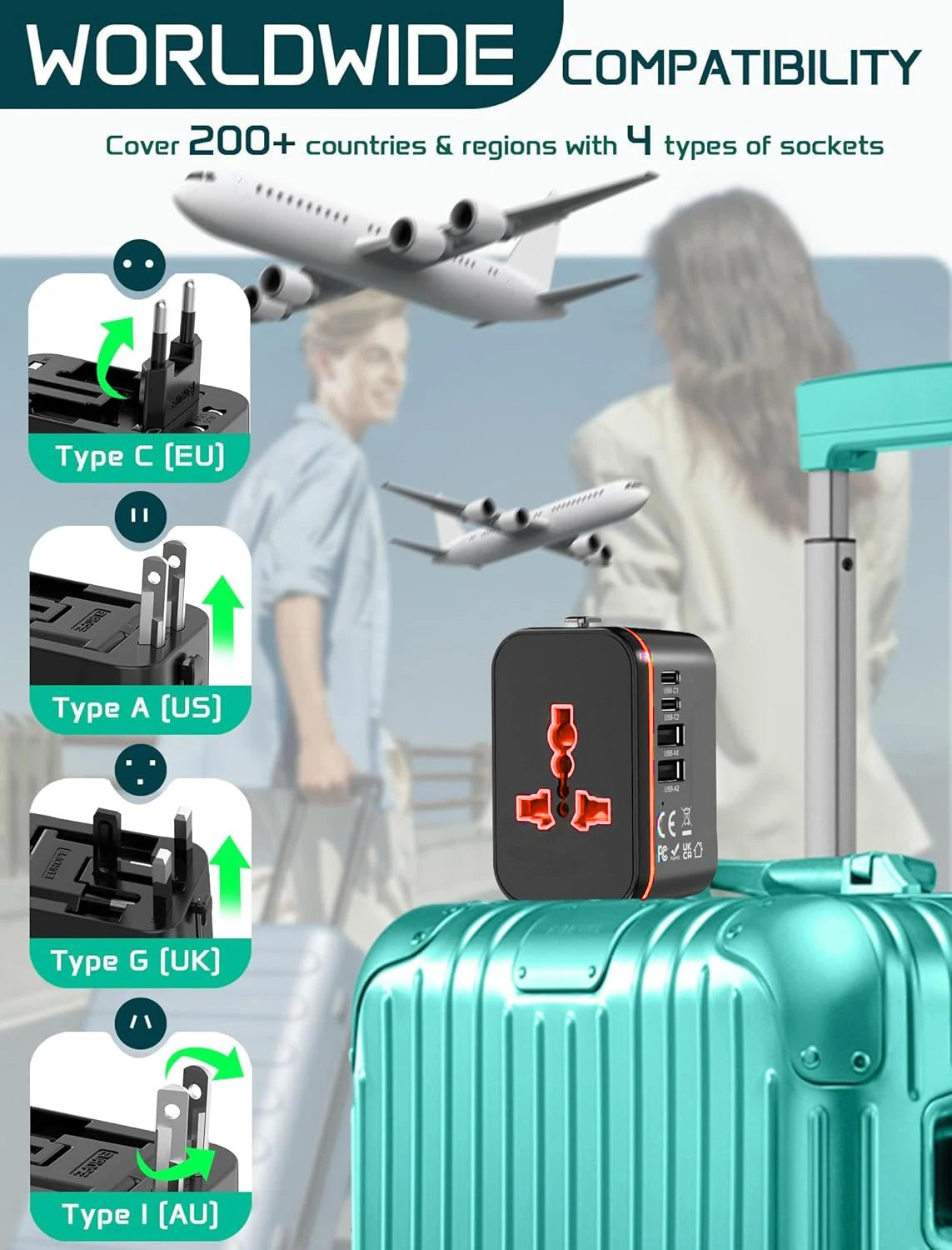5-In-1 Travel Charger,World All In One Universal Travel Adapter, Two PD20W +Two QC3.0 FAST Charging Ports For Travel, Home