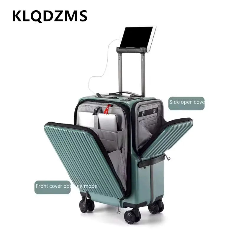 KLQDZMS Carry-on Suitcase Front Opening Laptop Boarding Case 20 Inch USB Charging Trolley Case Password Box Cabin Luggage