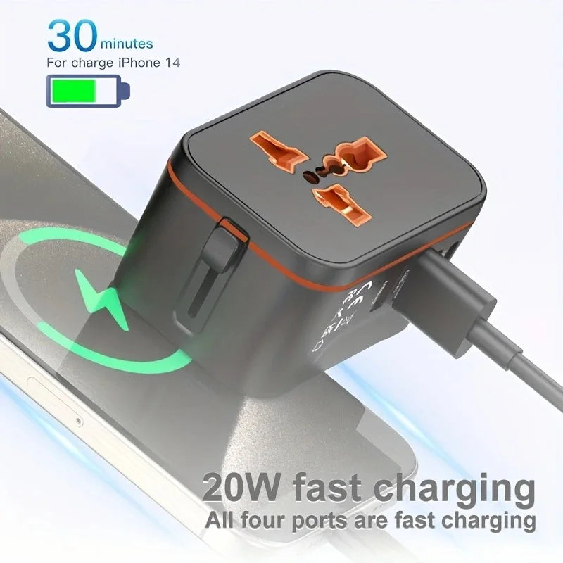 5-In-1 Travel Charger,World All In One Universal Travel Adapter, Two PD20W +Two QC3.0 FAST Charging Ports For Travel, Home