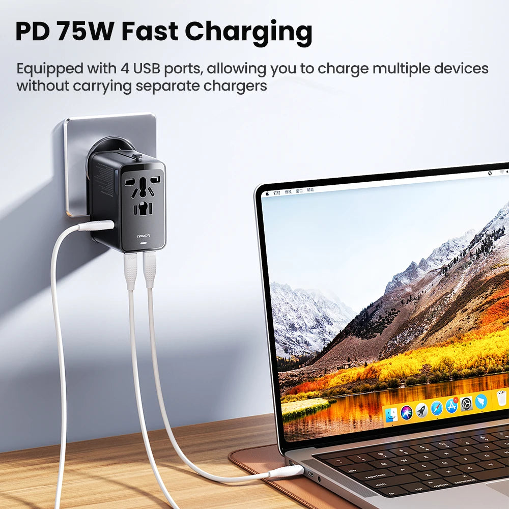 Toocki GaN 75W Universal Travel Adapter Worldwide With 1AC Outlet 1 USB 2 Type-C Ports PD 45W Fast Charger for EU US UK AUS Plug