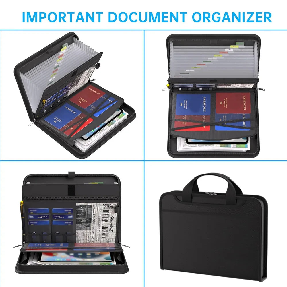 Black Organ File Folder Hand Drawer Multi Compartment Organizer bag Fireproof Waterproof File Organizer for Home School Office