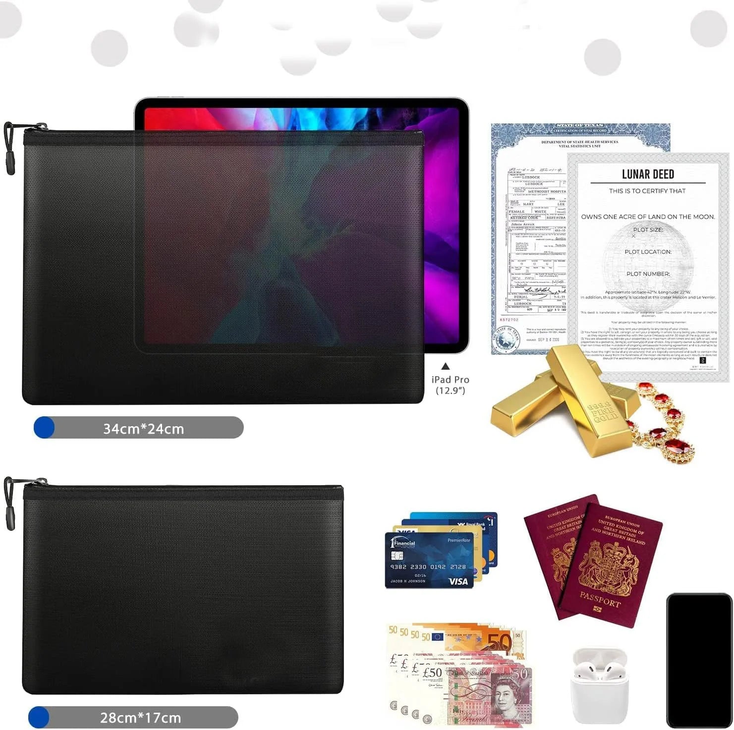 Waterproof Money Bags Fire Safe Storage Pouch with Zipper Cash File Envelope Holder for Home Office Fireproof Document Bag