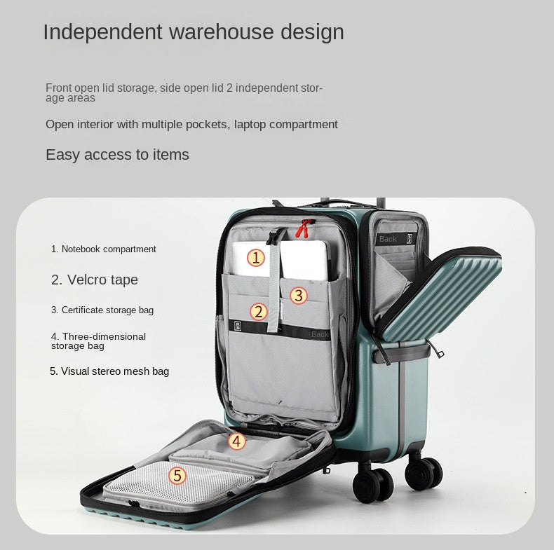 KLQDZMS Carry-on Suitcase Front Opening Laptop Boarding Case 20 Inch USB Charging Trolley Case Password Box Cabin Luggage