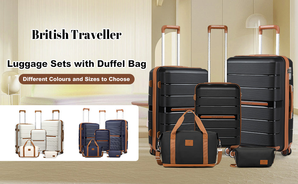 British Traveller Lightweight Hard Shell Luggage Set with TSA Lock, Spinner Wheels, 20" 24" 28" Travel Suitcases,Black
